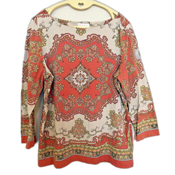 Charter Club Macy's Mandala Stretch Knit Top L Boho Paisley 3/4 Sleeve Orange - Picture 1 of 7